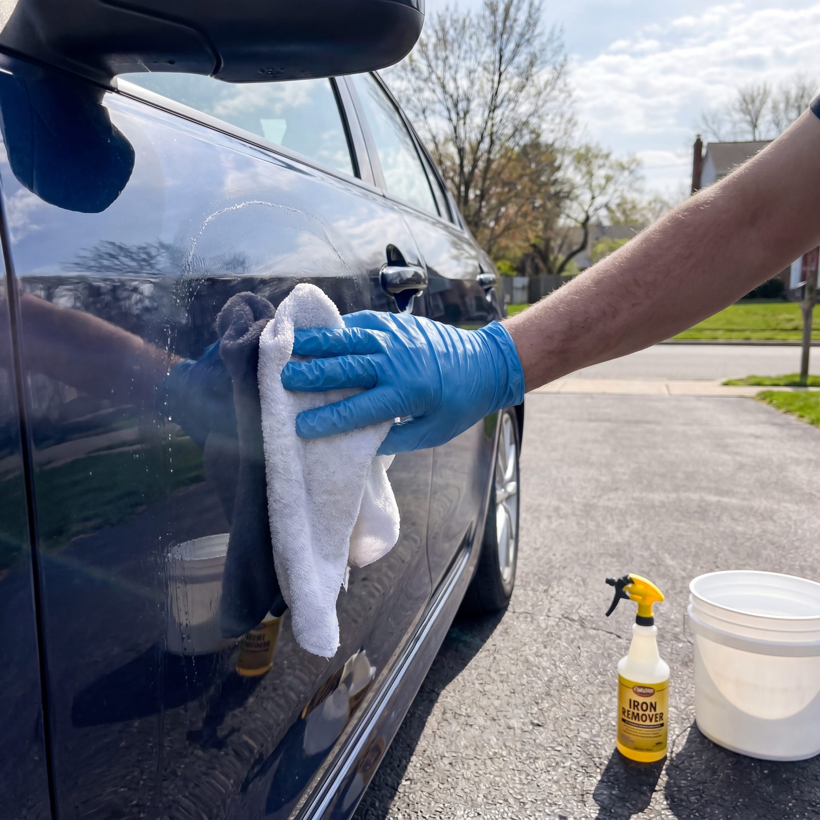 Two-bucket wash with iron remover and clay bar prep prior to ceramic coating application