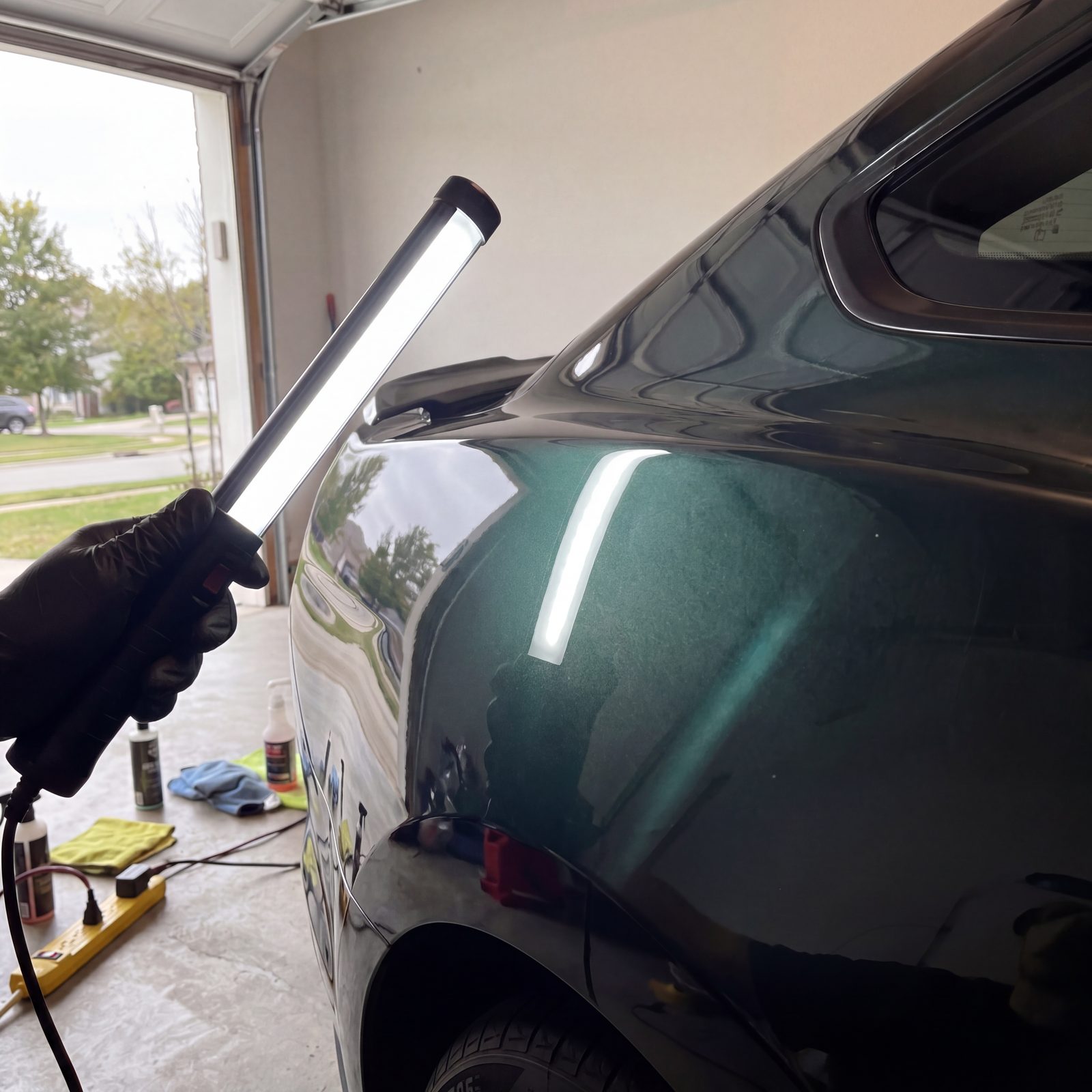 Final inspection with a sun gun and halogen lights to verify a flawless paint correction