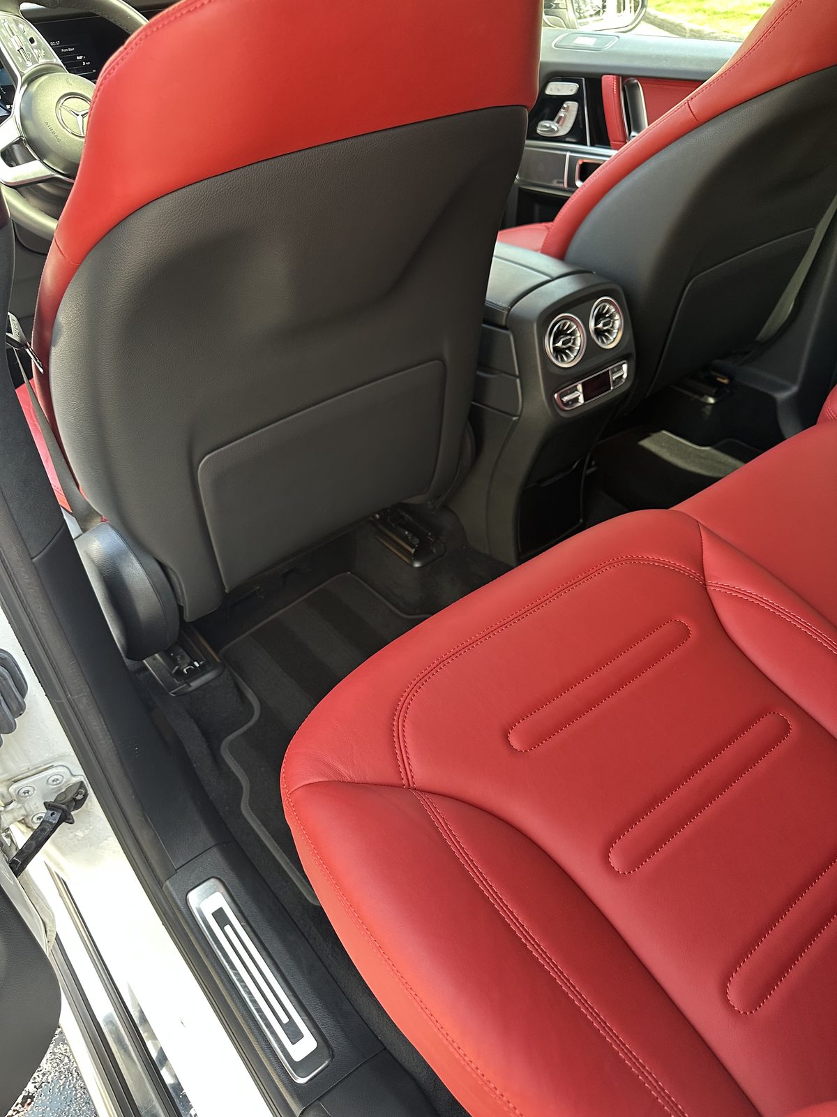 Mercedes-Benz G-Class red and black two-tone leather seat detail